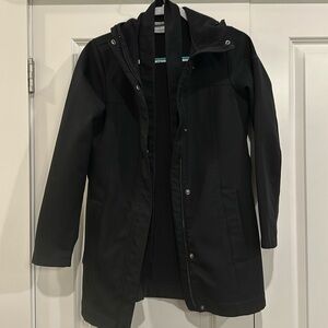 Women’s Black Columbia Coat with waist cinch and hood